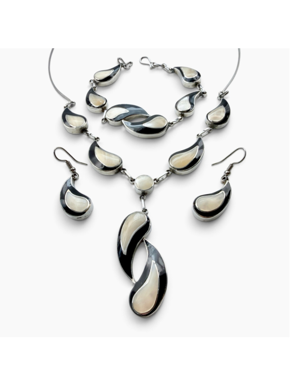 Vintage 1960s Mexican Alpaca Silver Reversible 3 Piece Jewelry Set Onyx